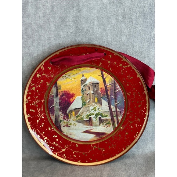 Other - Vintage Red Christmas Plate Glass‎ Winter Scene 9" Wall Hanging Ribbon 9"